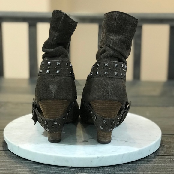 Brown Distressed Leather Slouch Wedge Boots - Picture 4 of 7